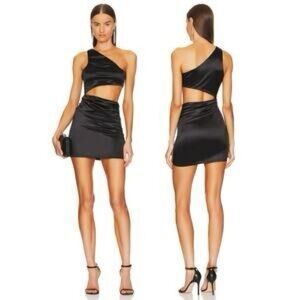 Michael Costello X Revolve Yana Mini Dress Satin One Shoulder Cut Out Black XL